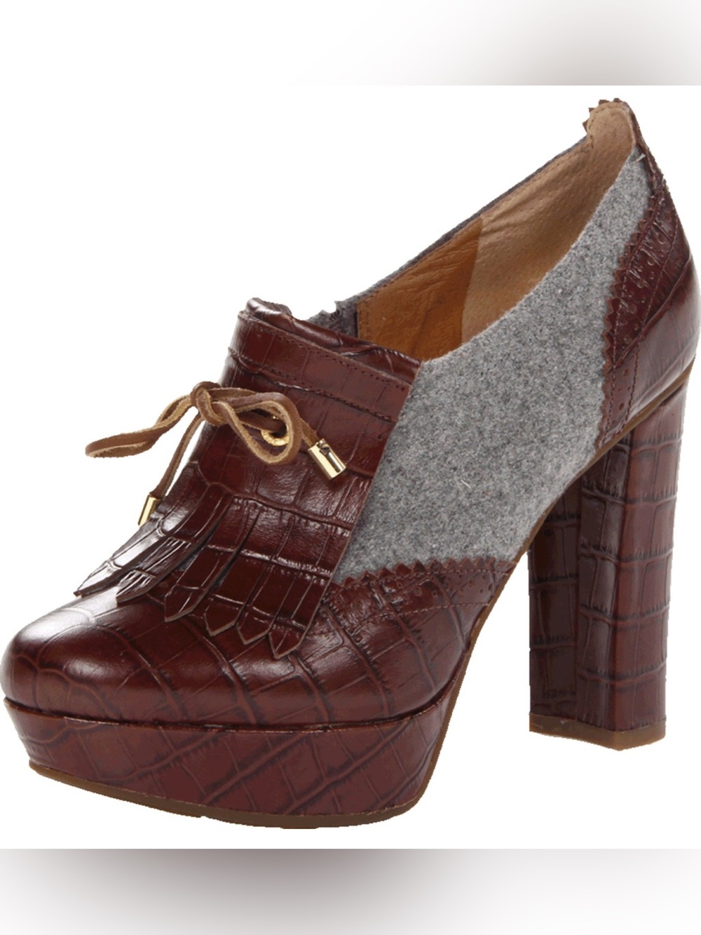 EUC w/Box Sperry Brown Croc-Embossed Platform Heel with Gray Felt Panel